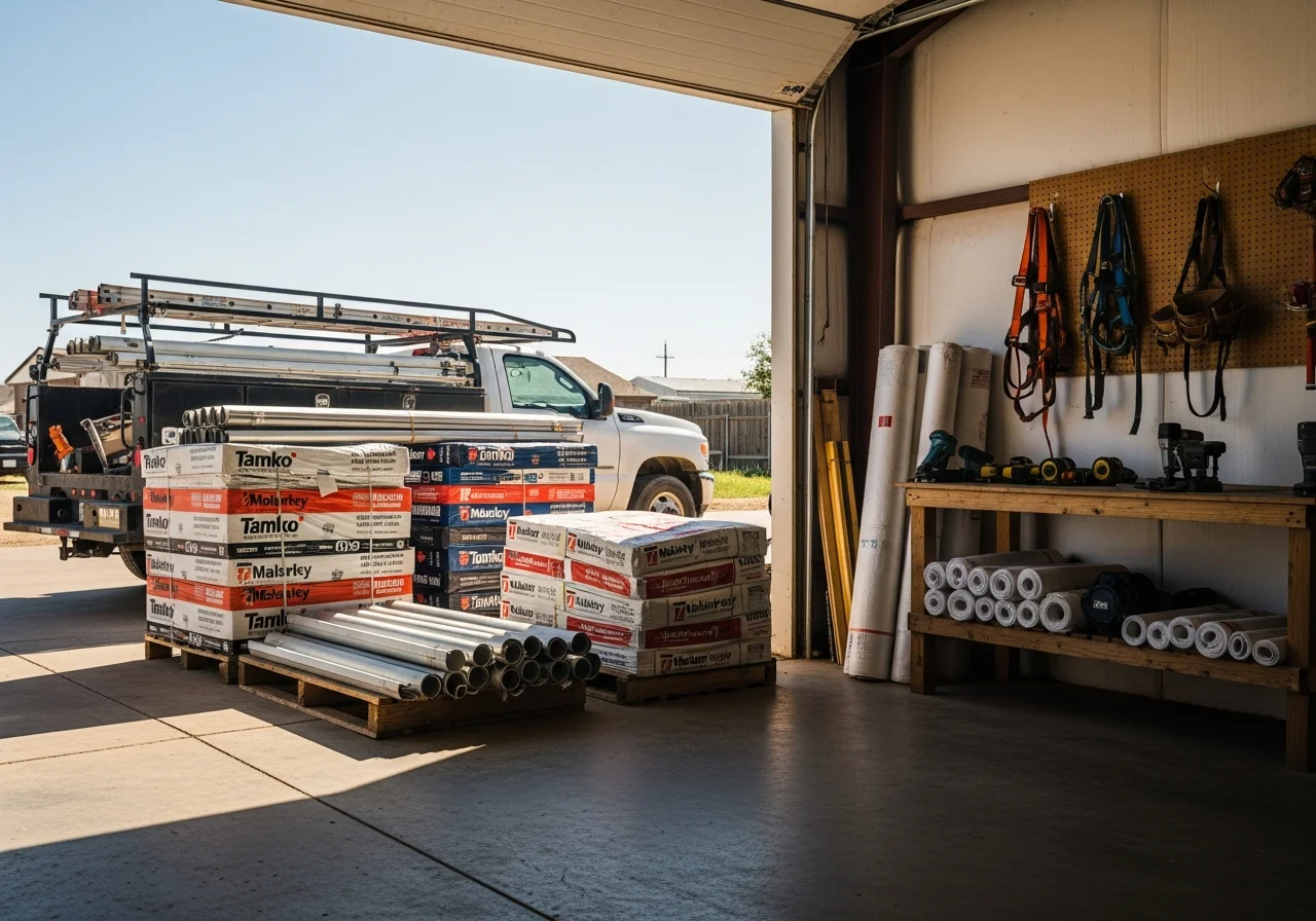 Professional roofing crew with tools and equipment ready for residential and commercial projects.