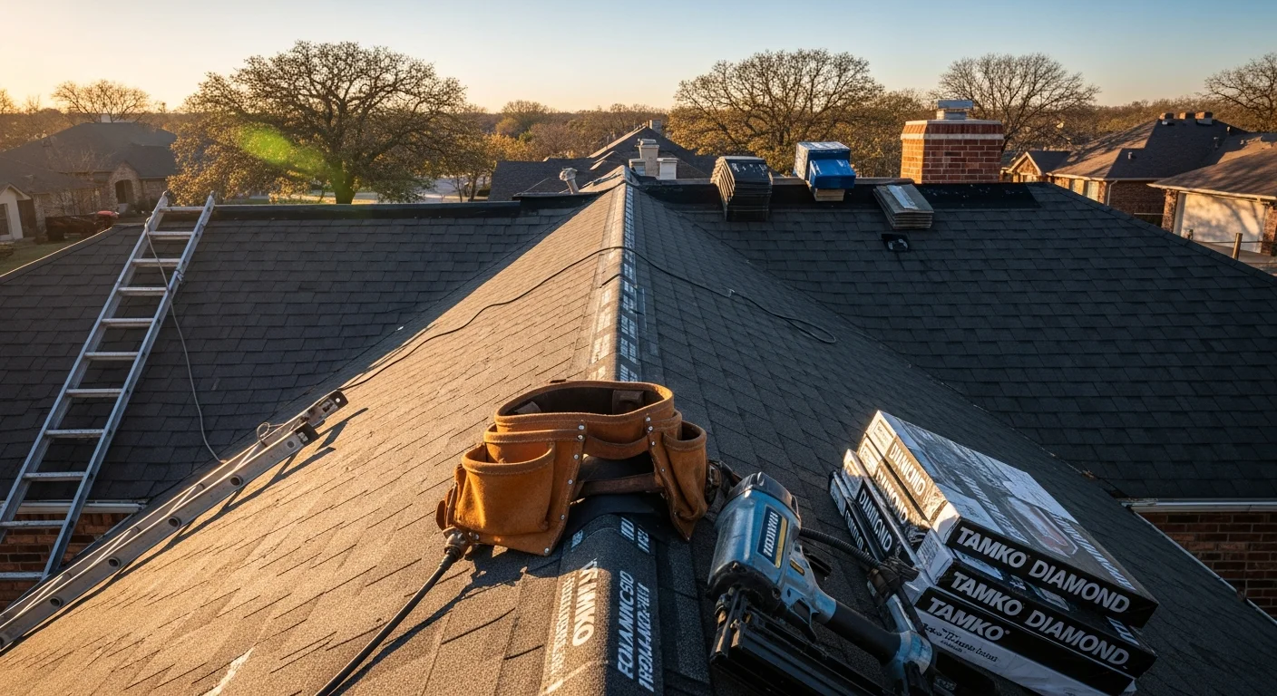 Professional roofer installing residential shingles on home in Oklahoma City