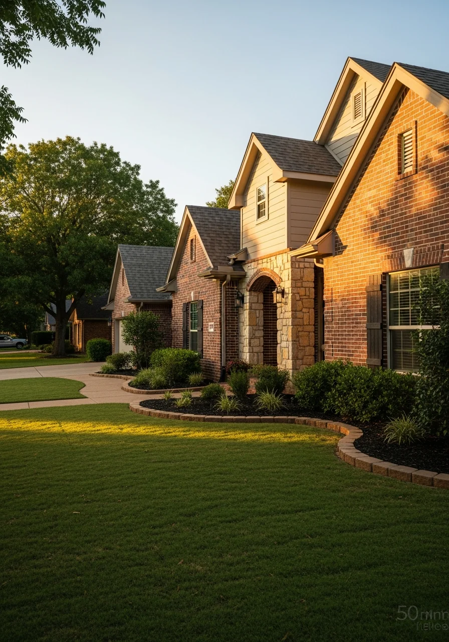 Modern Edmond home exterior with brick and siding, landscaped front yard, and driveway in afternoon light.