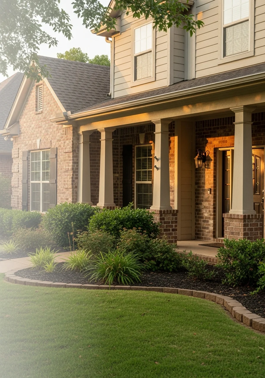 Close-up of a Norman home's front entrance with traditional architecture, porch, and landscaping.