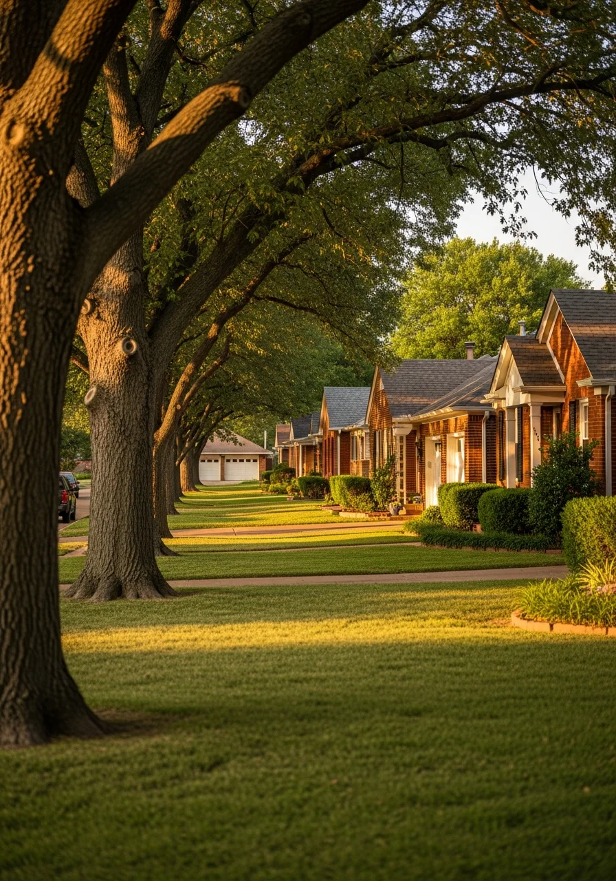 Close-up of a residential street in Oklahoma City with mature trees, brick homes, and well-maintained yards.