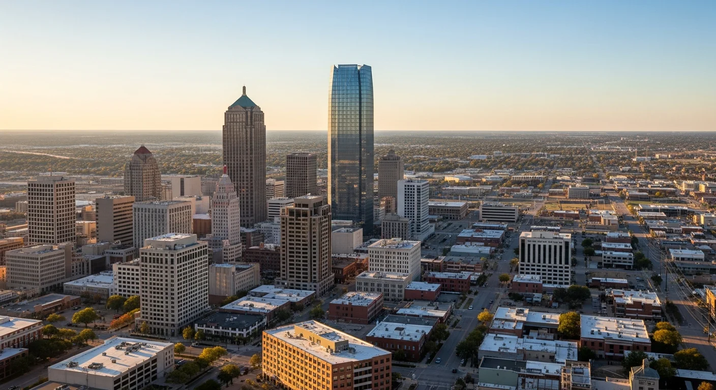 Wide view of Oklahoma City skyline with downtown buildings and suburban neighborhoods stretching toward the horizon under clear sky.