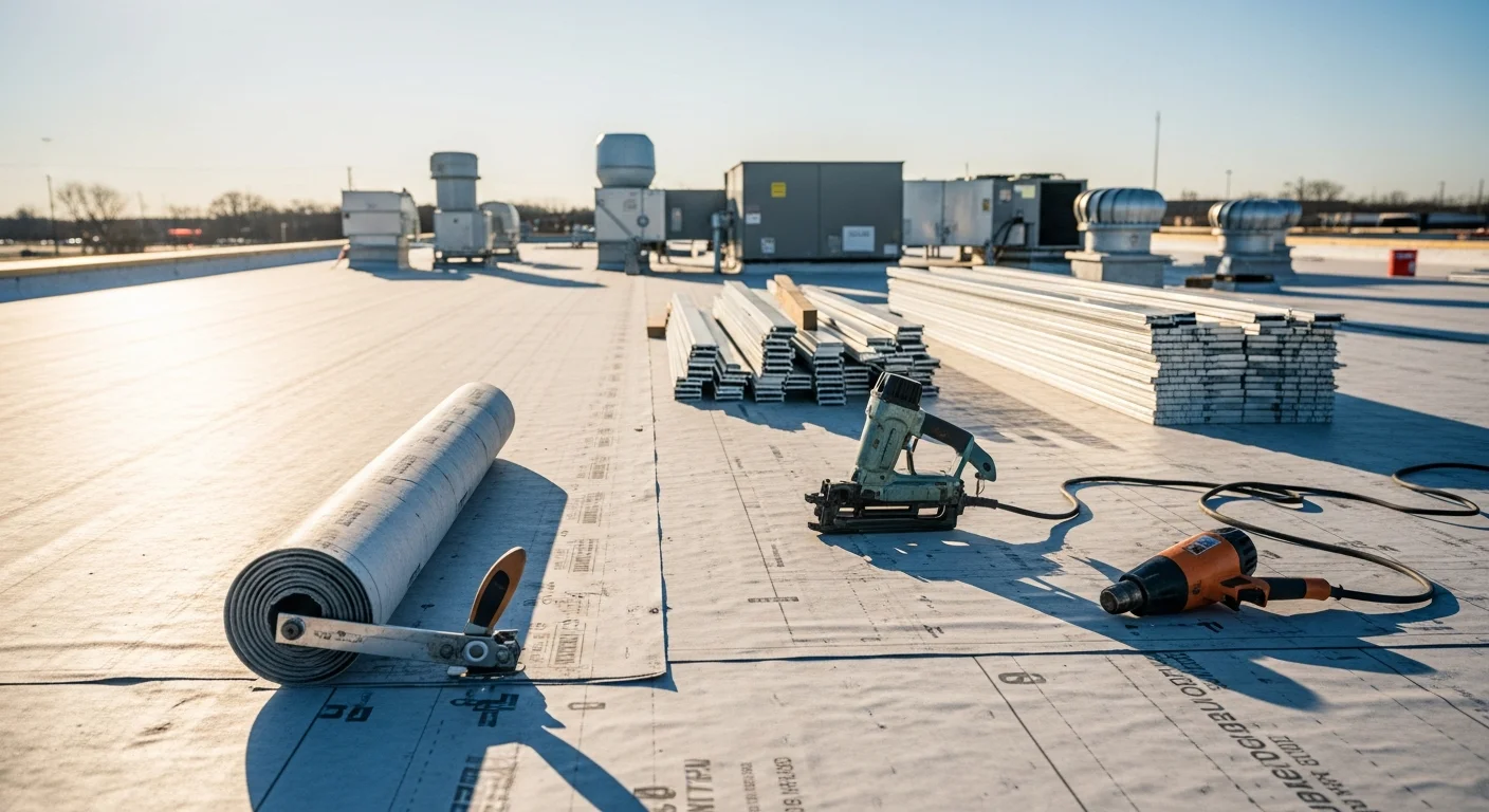 A completed commercial flat roof replacement on a low-slope Oklahoma City commercial building, showing a clean membrane installation with sealed flashing around rooftop HVAC units. The surrounding Oklahoma City skyline and open plains terrain are visible in the background.