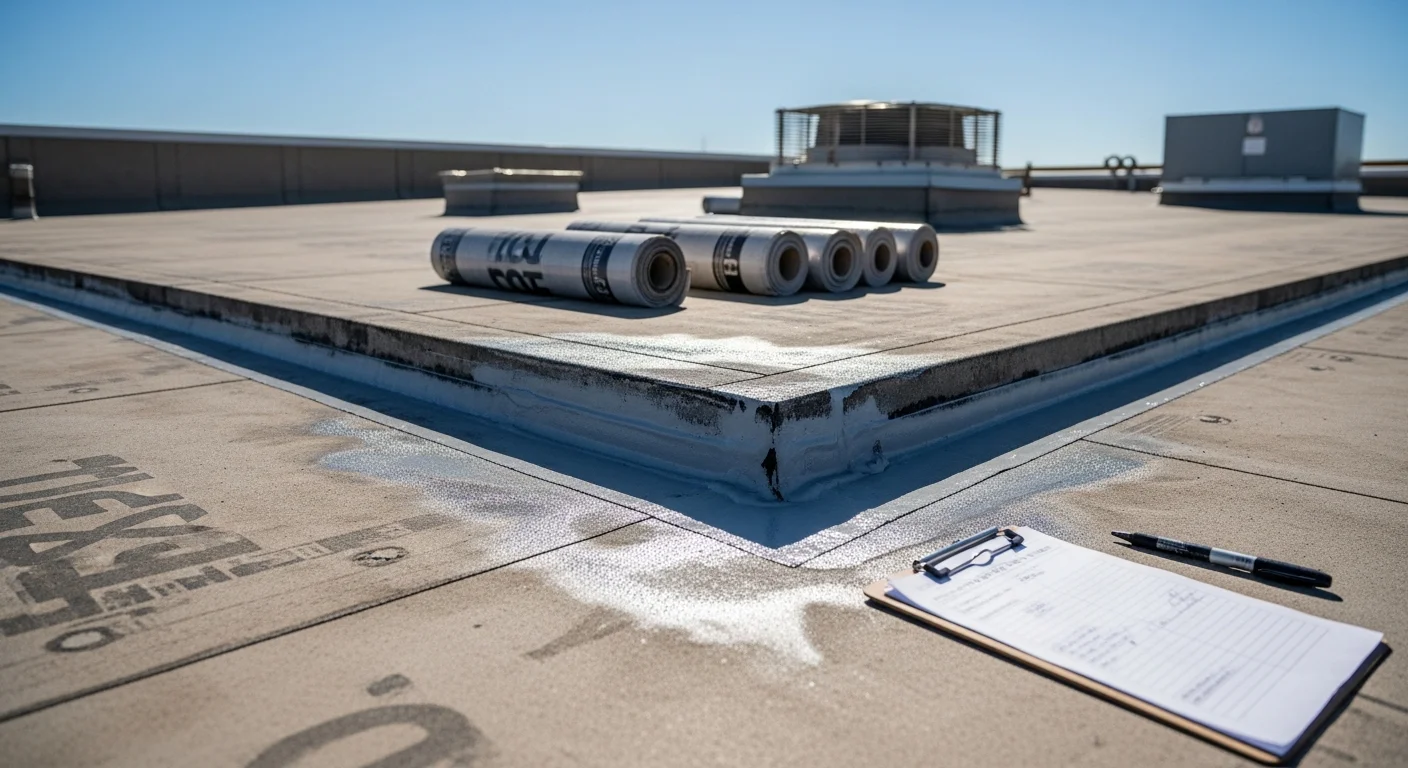 A commercial flat roof in Oklahoma City showing a completed membrane repair with sealed seams and intact flashing around rooftop HVAC units. The repaired surface is clean and watertight against a backdrop of the OKC metro skyline.