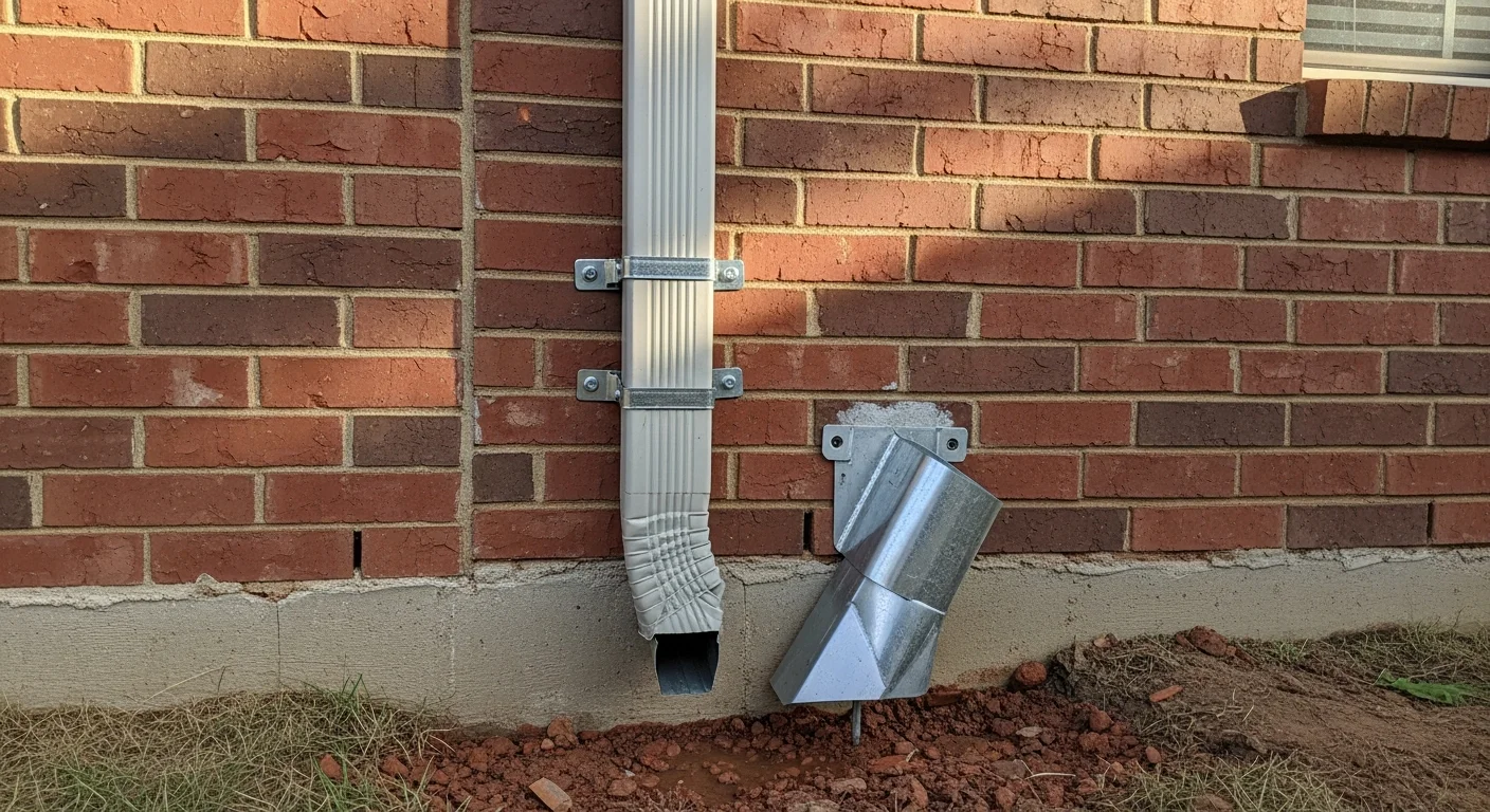 A newly installed metal downspout on the corner of a residential home in Oklahoma City, directing rainwater away from the foundation toward the yard. The downspout is flush against the exterior wall with a discharge extension angled away from the slab.