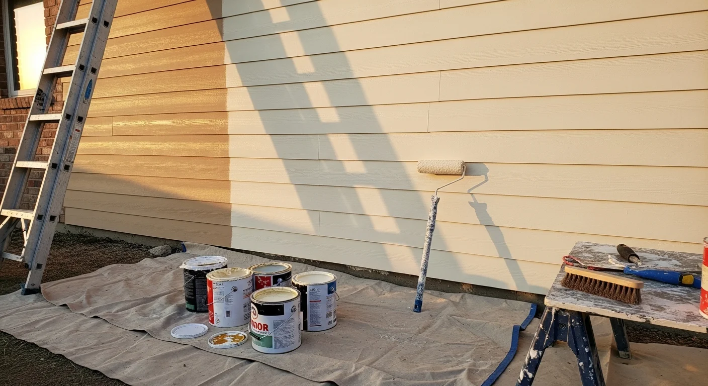 A freshly painted single-family home exterior in Oklahoma City with clean trim lines and uniform siding color. The painted surfaces include wood siding, window trim, and a front door, showing the completed result of a professional exterior painting service.
