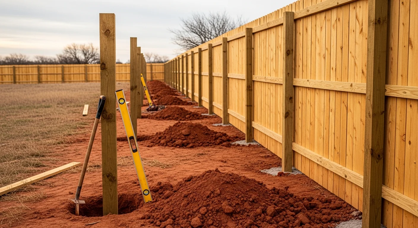 A newly installed wood privacy fence along the backyard boundary of a residential property in Oklahoma City, with concrete-set posts and a clean finished gate. The fence runs the full length of the yard under a clear Oklahoma sky.
