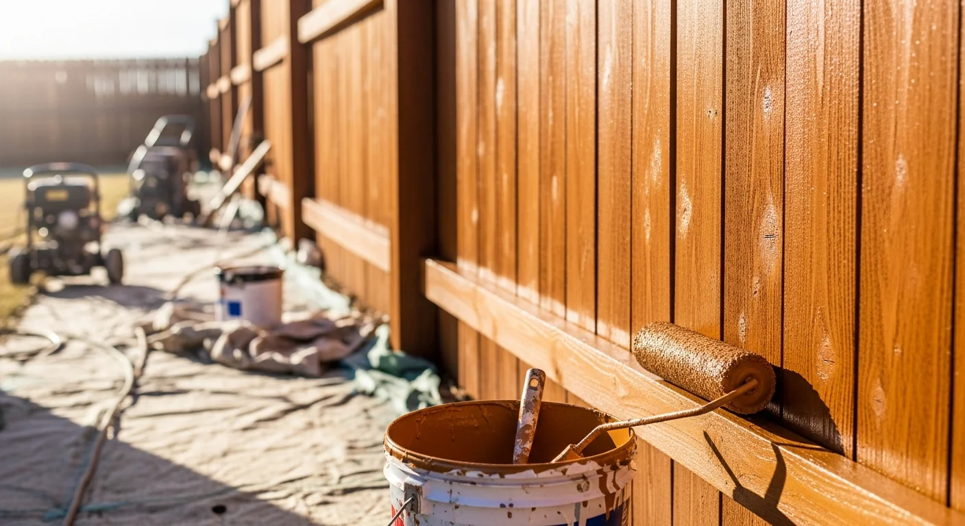 A freshly painted wood privacy fence on a residential property in Oklahoma City, showing an even coat of paint with no peeling or fading. The fence borders a backyard lawn under bright Oklahoma sunlight.