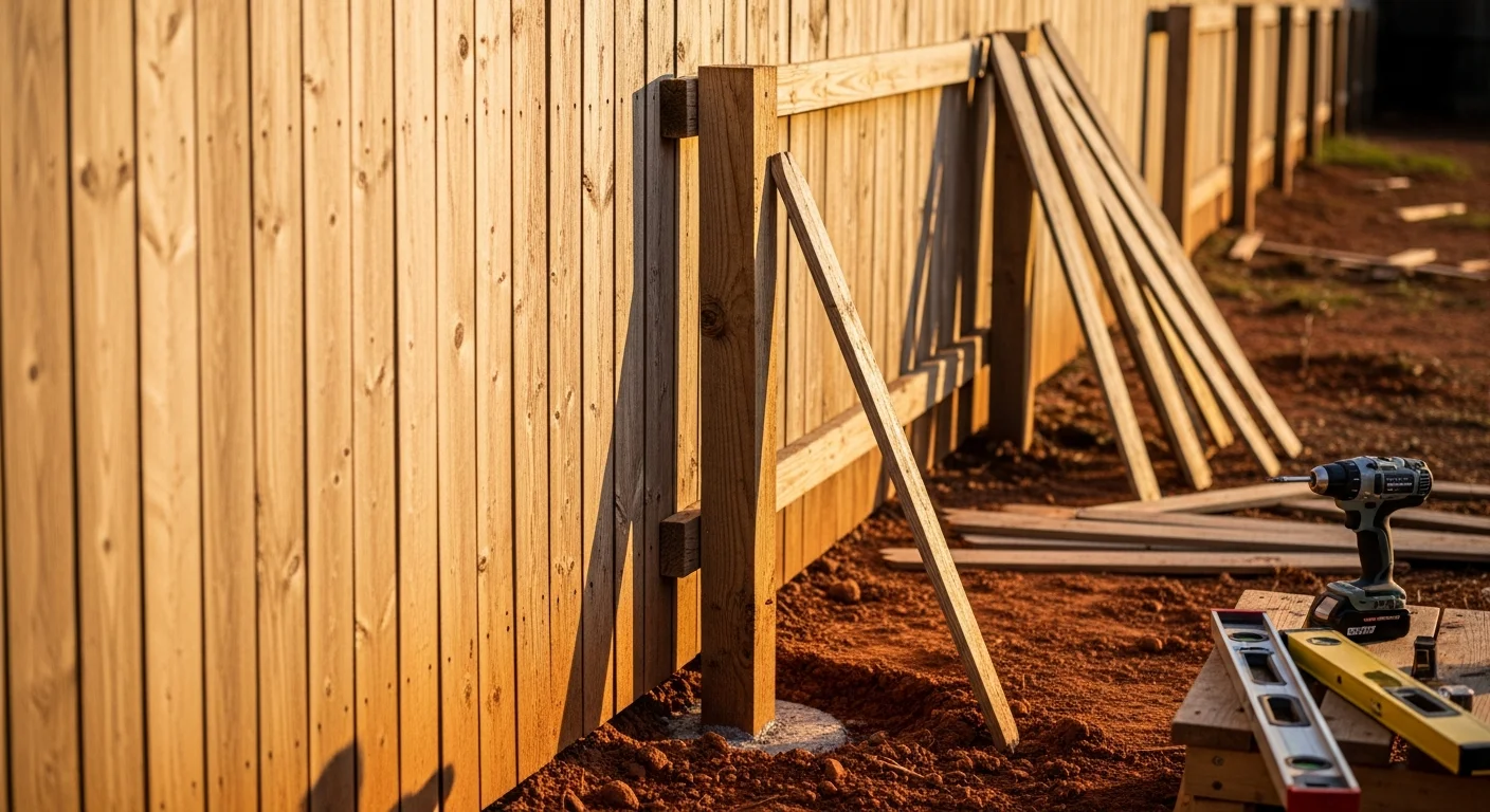 A repaired wooden privacy fence with replaced panels and a reset post in a residential backyard in Oklahoma City. The repaired section is flush and level with the surrounding fence line after storm damage correction.