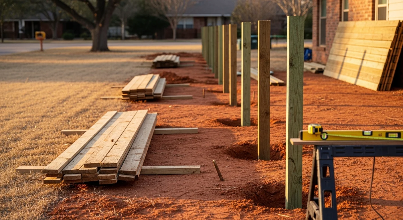 A newly installed wood privacy fence along the backyard perimeter of a residential property in Oklahoma City, Oklahoma. The fence features straight posts set in red clay soil with uniform panels replacing a previously storm-damaged structure.