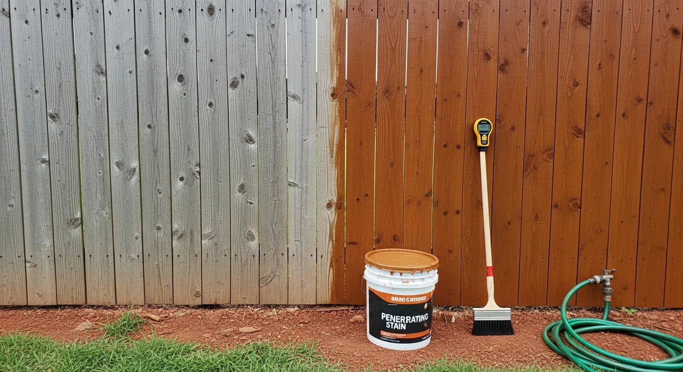 A freshly stained wood privacy fence in an Oklahoma City backyard, showing rich, even color across cedar boards with no gray weathering visible. The fence runs along a residential property line under a clear Oklahoma sky.