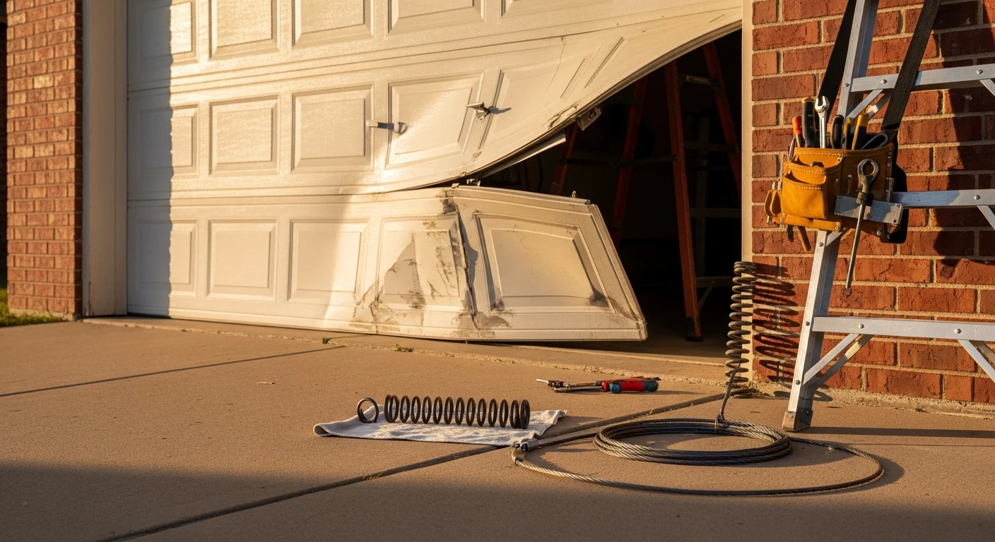 A residential garage door on an Oklahoma City home showing a technician inspecting the spring and track hardware after storm damage. The door panel shows signs of hail impact with the surrounding driveway and attached garage visible.