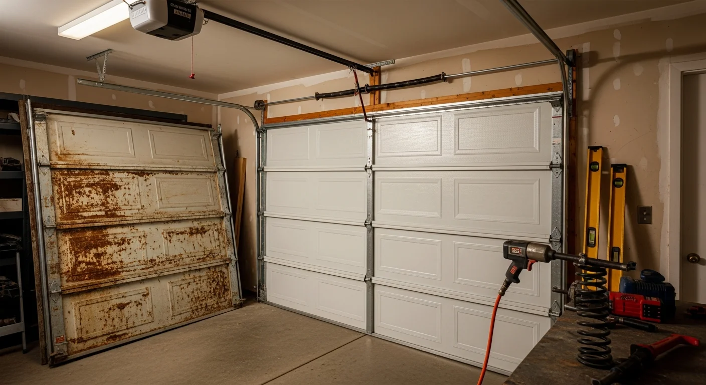 A newly installed residential garage door on a single-family home in Oklahoma City, showing clean panel lines and a flush fit against the frame. The attached garage faces a suburban street typical of OKC neighborhoods.