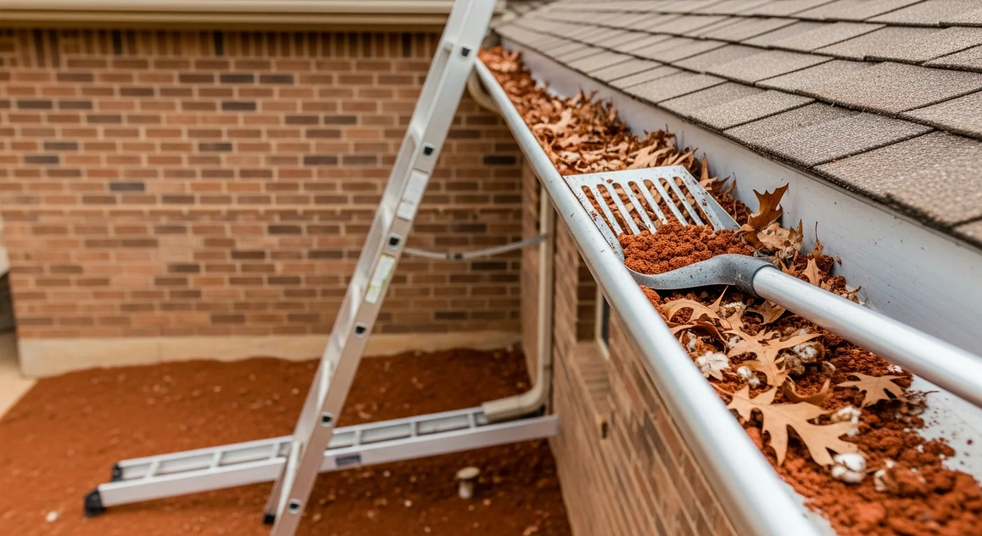 A gutter on an Oklahoma City home being cleared of packed oak leaves and storm debris by a roofing technician. Clean downspout visible at the corner of the house with water flowing freely away from the foundation.