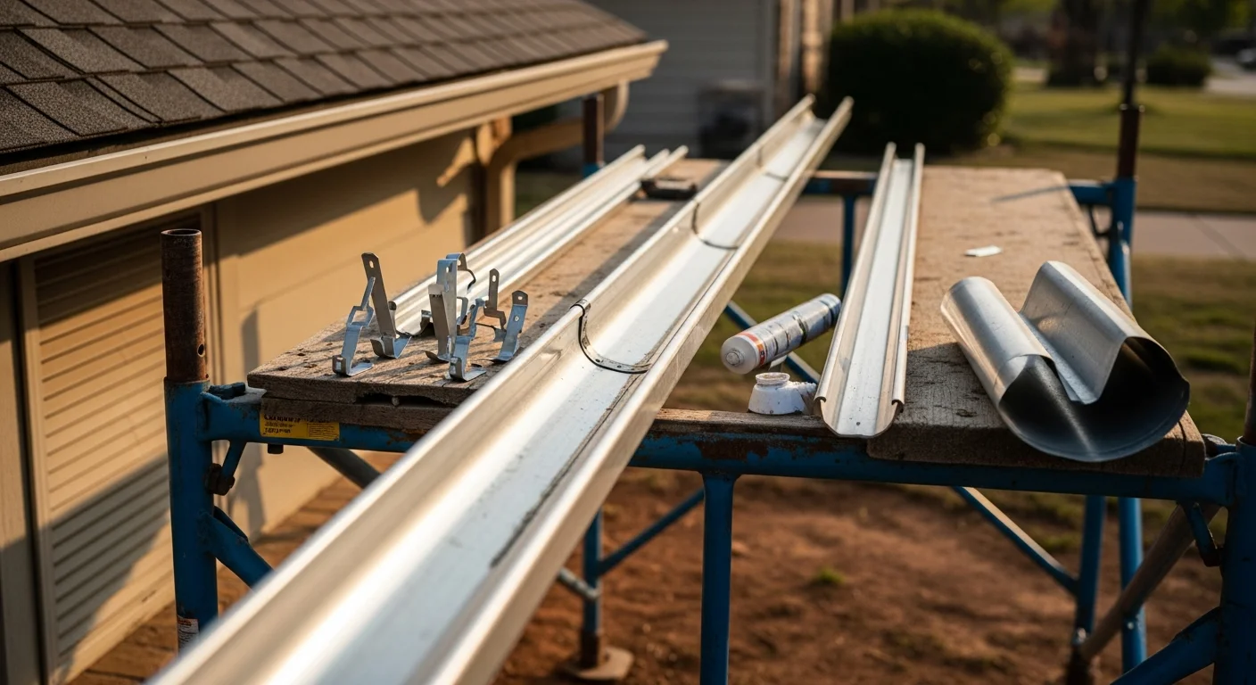 A technician from Icon Roofing and Construction LLC resealing a separated gutter joint on a residential home in Oklahoma City. The repaired section shows a clean, properly aligned gutter run attached firmly to the fascia board.