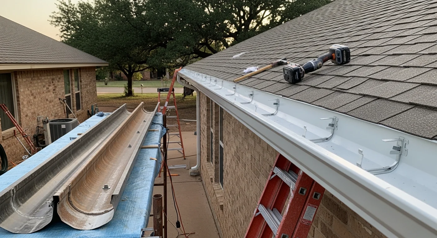 Newly installed gutters running along the roofline of a residential home in Oklahoma City, with a downspout directing water away from the foundation. Old gutter sections are stacked on the ground nearby, showing visible rust and separation damage.