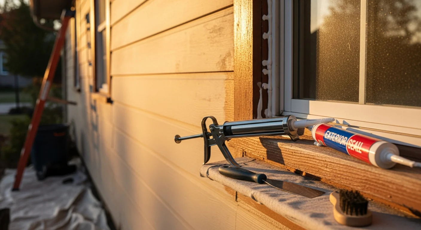 A technician from Icon Roofing and Construction LLC repairing exterior trim and recaulking window frames on a residential home in Oklahoma City. The work addresses visible weather-related wear on the home's facade.