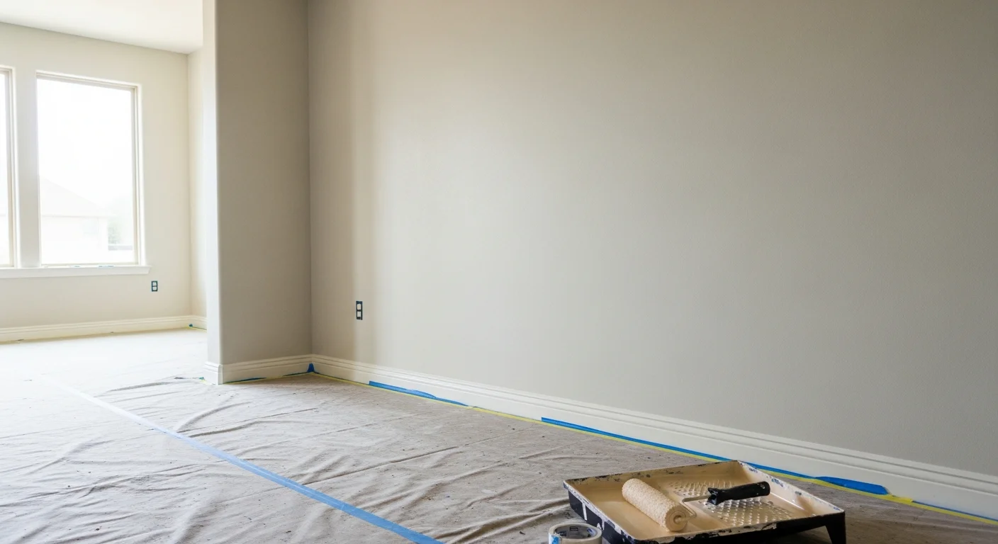 A freshly painted interior living room in an Oklahoma City home, showing smooth, even walls with clean edges along white baseboards and ceiling trim. Natural light from a window highlights the uniform finish on the walls.
