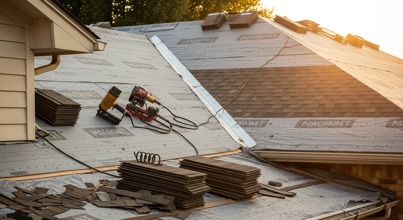 A completed residential roof replacement on a single-family home in Oklahoma City, showing new roofing materials installed across the full roof deck. The image captures the finished slope from street level with clean ridge lines and uniform shingle coverage.