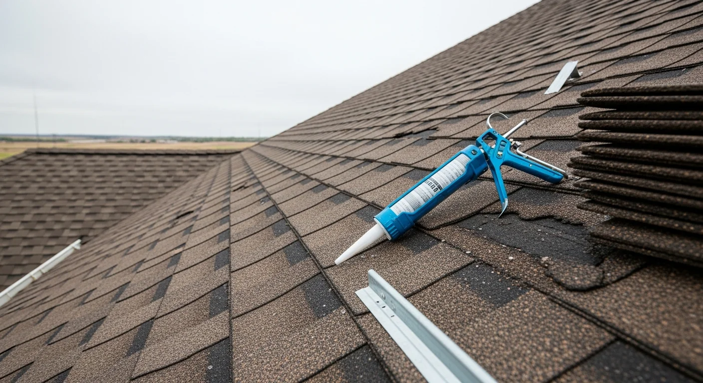 A residential roof in Oklahoma City showing repaired shingles and sealed flashing after hail and wind storm damage. Icon Roofing and Construction LLC technician inspecting completed repair on an OKC home.