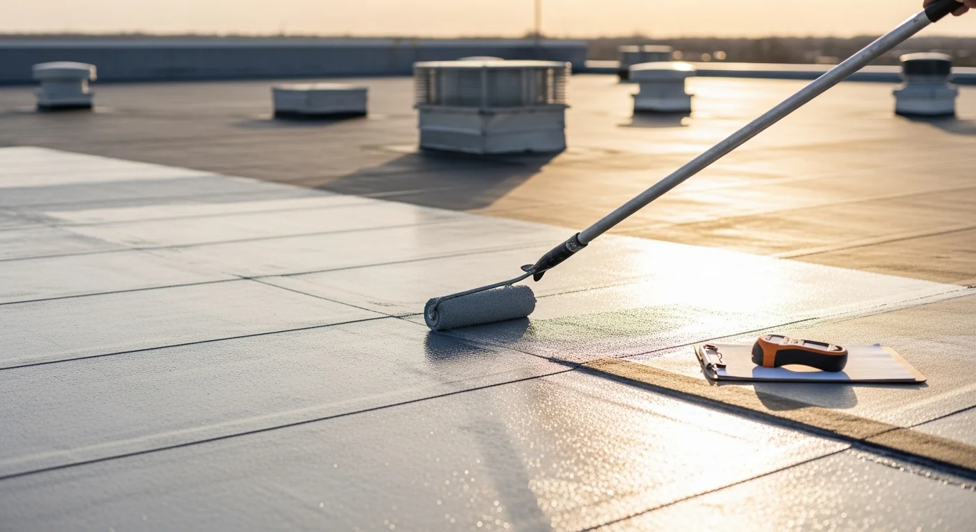 A roofing contractor applying a white reflective coating to a flat commercial roof in Oklahoma City, Oklahoma. The finished surface shows a smooth, seamless protective layer under a clear sky.